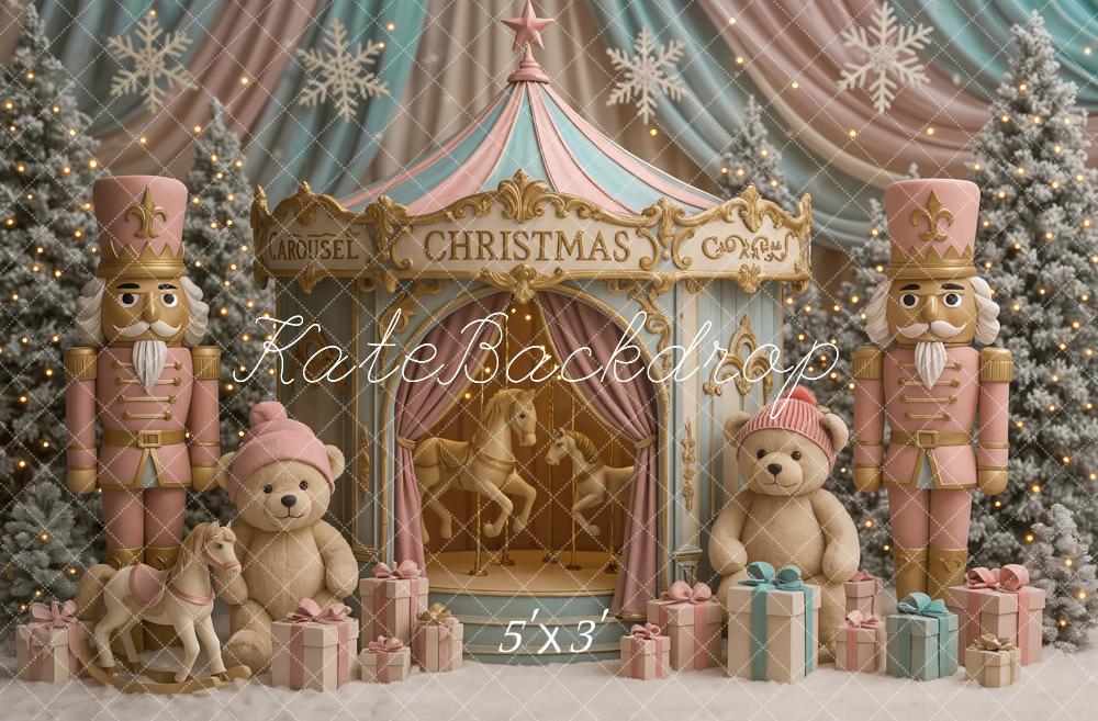 Kate Christmas Carousel Nutcracker Teddy Bear Pastel Gifts Backdrop Designed by Ashley Paul