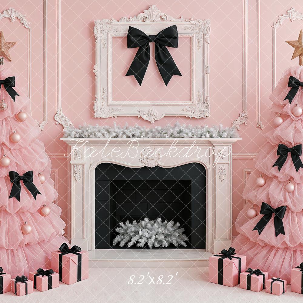 Kate Christmas Trees Tulle Pink Black Bows Fireplace Gifts Backdrop Designed by Ashley Paul