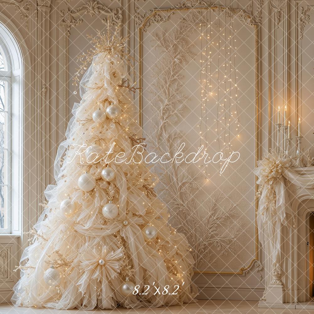 Kate Christmas Tree Luxury Ivory Tulle Fireplace Mirror Printed Backdrop Designed by Shutter Swan Studios