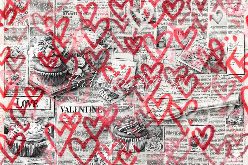 Kate Valentine's Day Newspaper Red Hearts Cupcakes Backdrop Designed by Emetselch