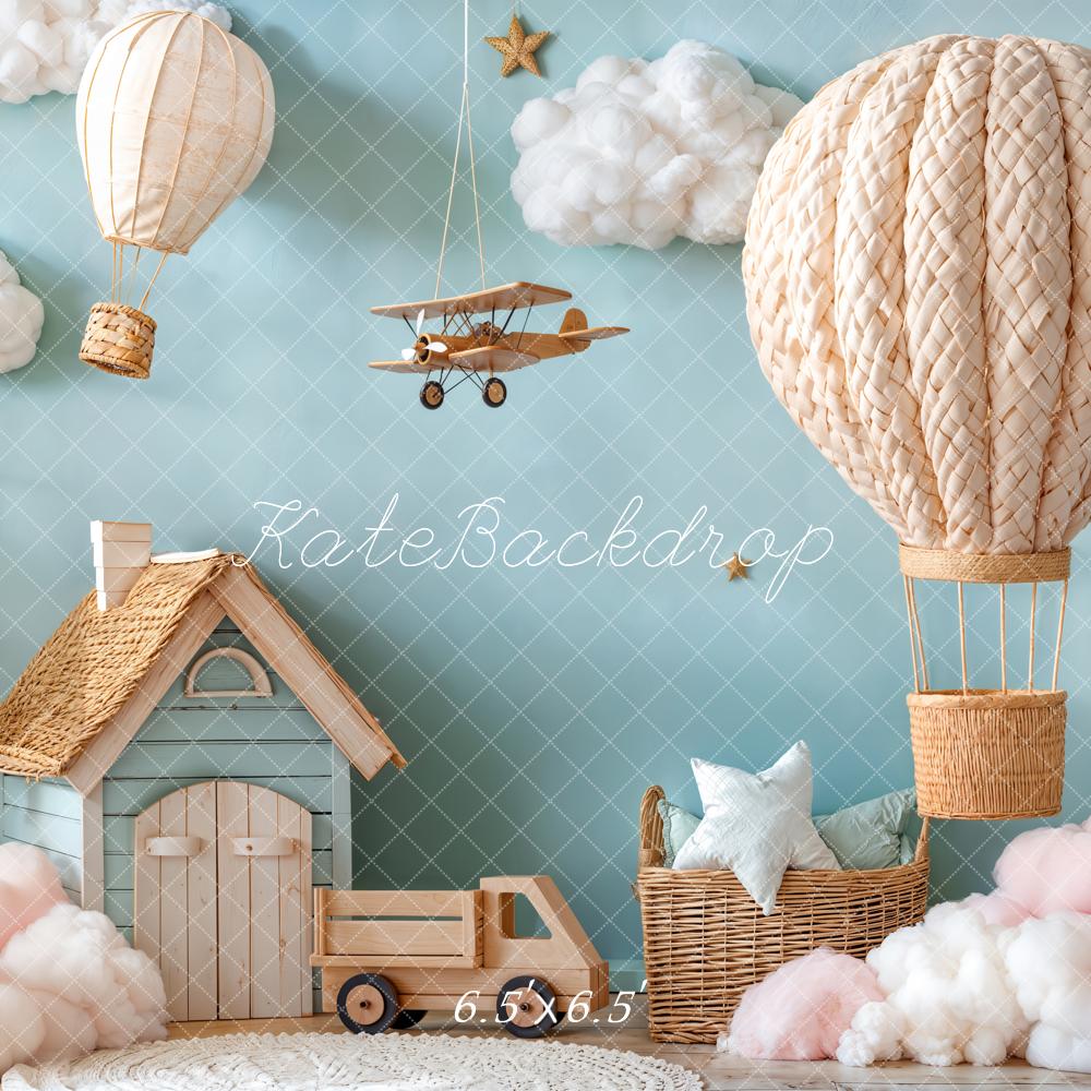 Kate Cake Smash Hot Air Balloon Airplane Cloud House Blue Backdrop Designed by Emetselch