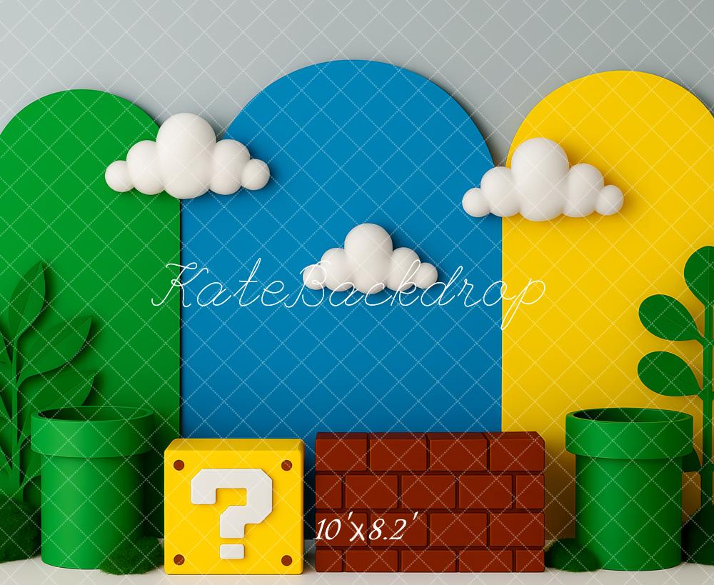 Kate Birthday Game Clouds Green Pipes Block Brick Backdrop Designed by Patty Roberts