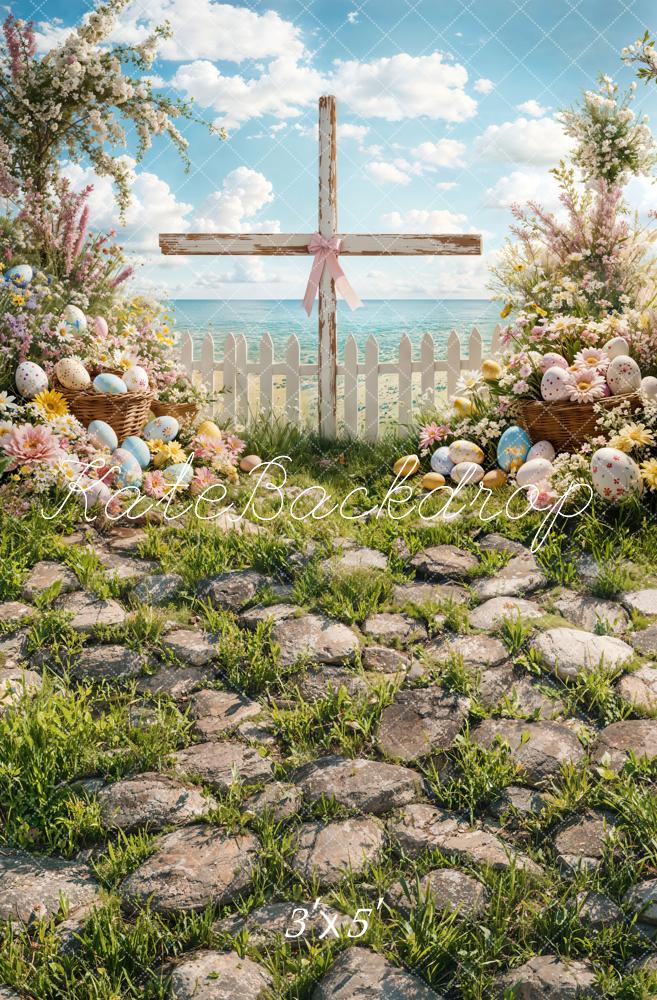 Kate Easter Floral Cross Eggs Backdrop Designed by Emetselch