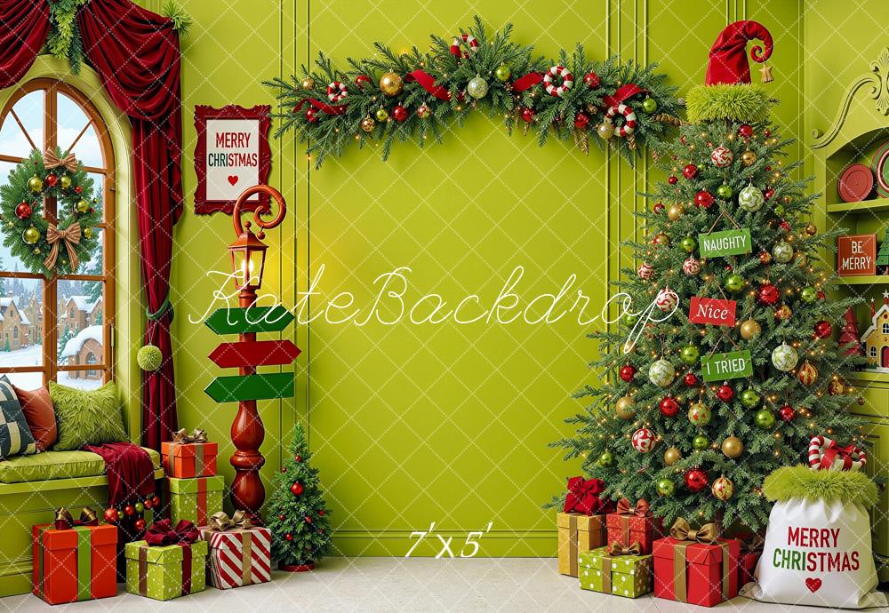 Kate Christmas Elf Green Tree Garland Window Shelf Printed Backdrop Designed by Shutter Swan Studios