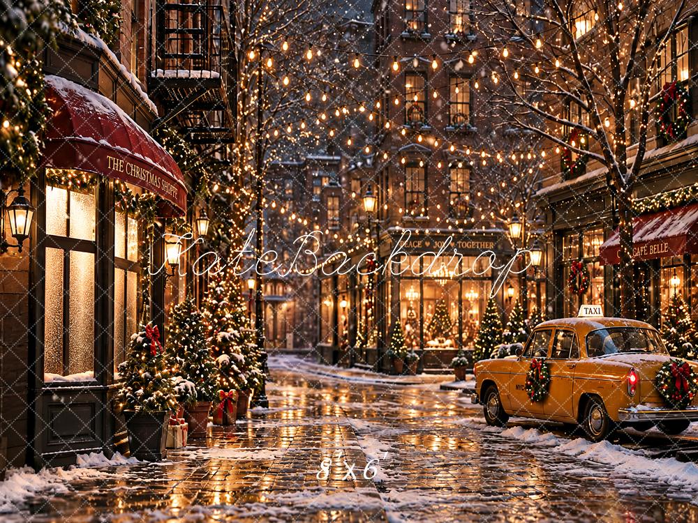 Kate Christmas Snowy City Street Taxi NYC Printed Backdrop Designed by Angela Miller