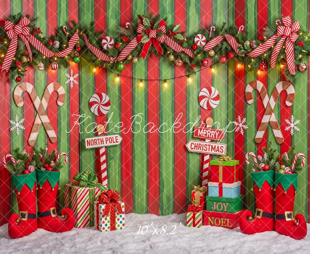 Kate Christmas Candy Cane Garland Elf Boots Striped Printed Backdrop Designed by Angela Miller