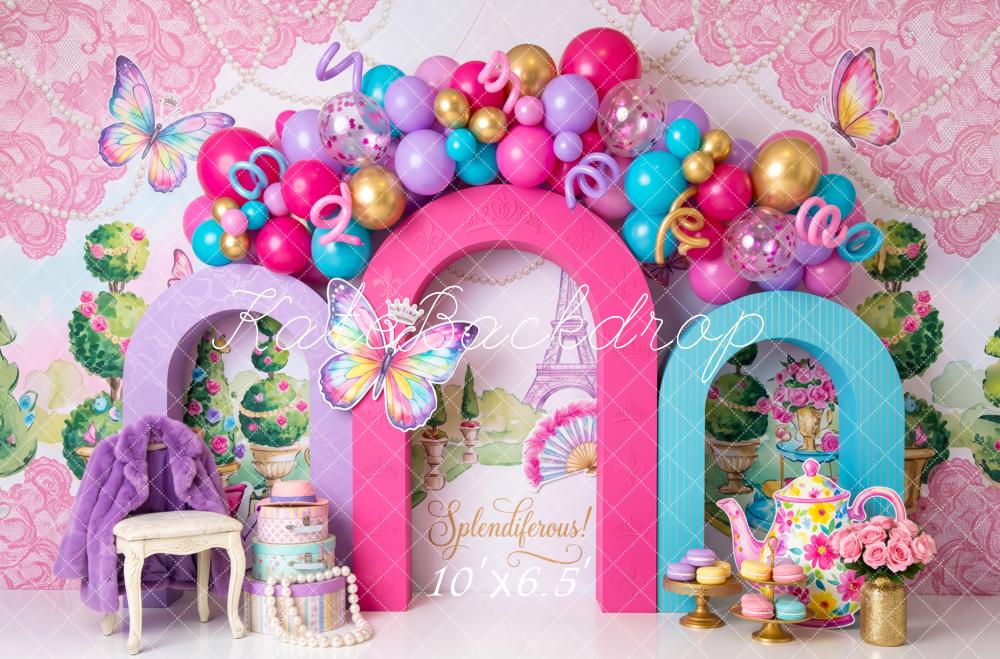 Kate Birthday Pink Sweets Butterflies Paris Balloon Arch Printed Backdrop Designed by Patty Roberts