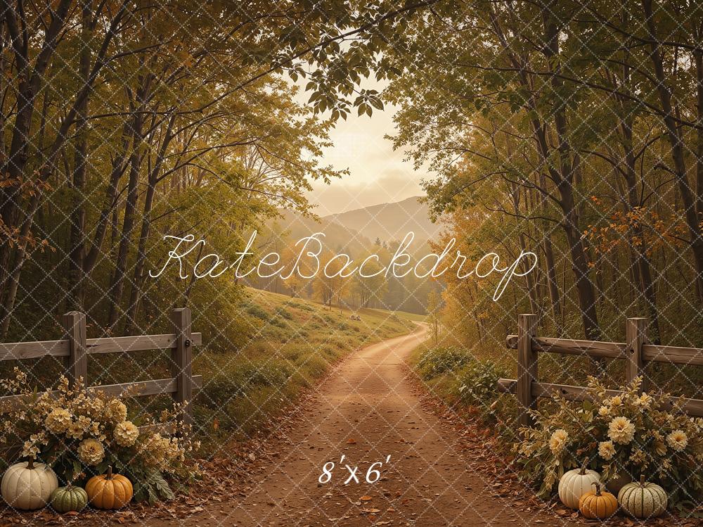 Kate Fall Forest Path Pumpkins Mountains Printed Backdrop Designed by Shutter Swan Studios