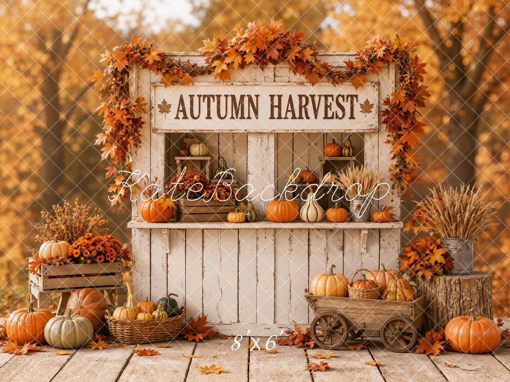 Kate Fall Harvest Pumpkin Stand Wagon Maple Forest Printed Backdrop Designed by Emetselch