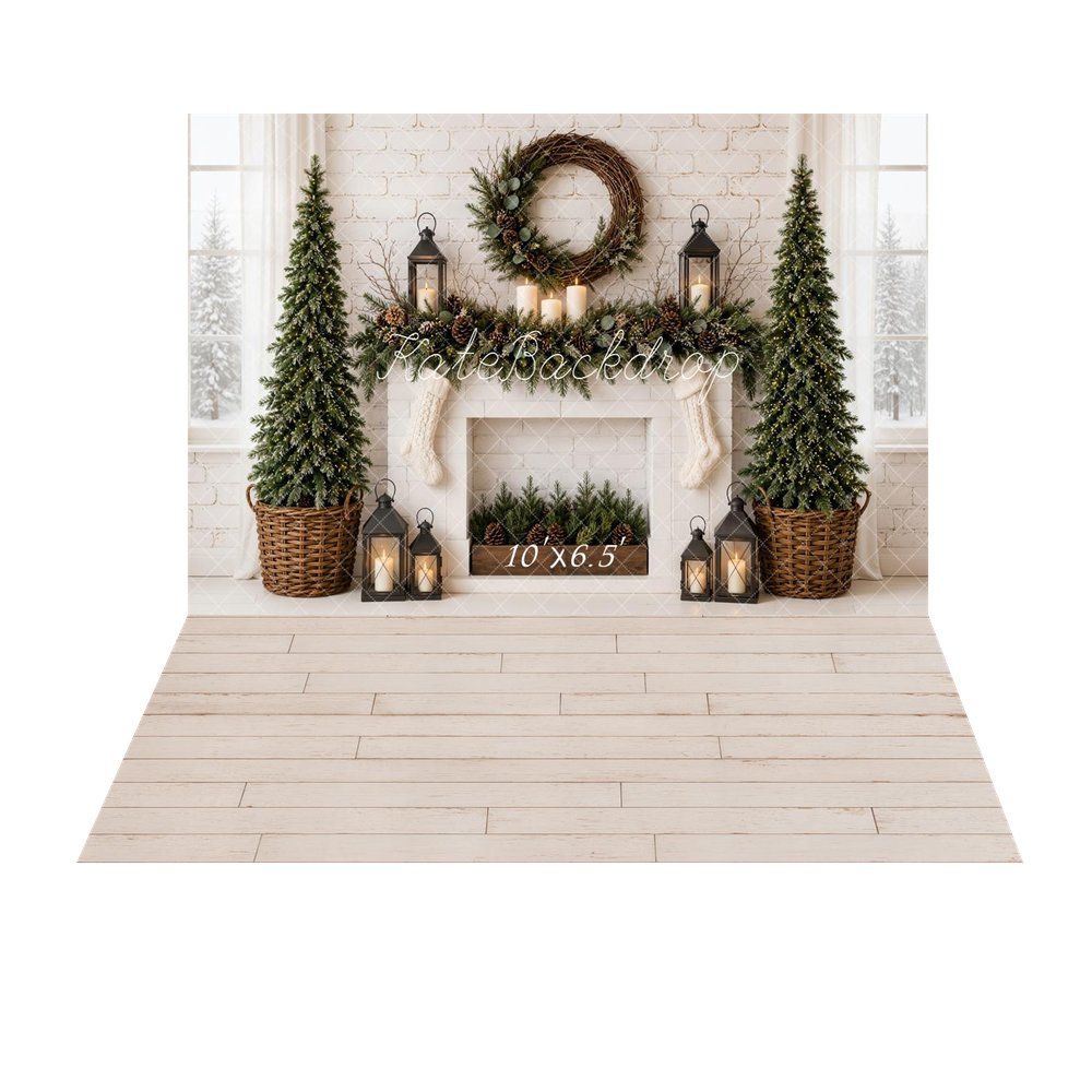 Kate Christmas Fireplace Minimalist Pine Trees Wreath Stockings Lanterns Printed Backdrop+White Retro Wall Planks Printed Backdrop