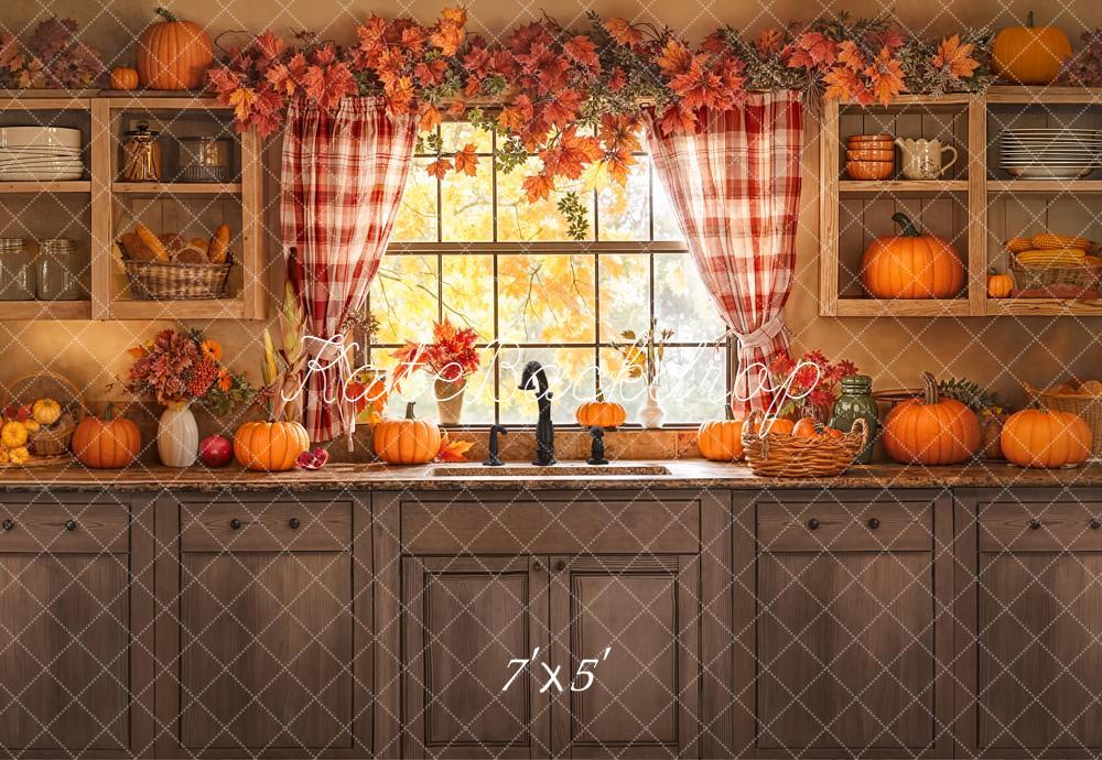 Kate Fall Kitchen Window Pumpkins Rustic Shelves Backdrop Designed by Emetselch