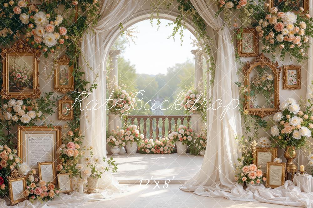Kate Spring Elegant Drapes Flower Arch Ornate Terrace Printed Backdrop Designed by Mini MakeBelieve