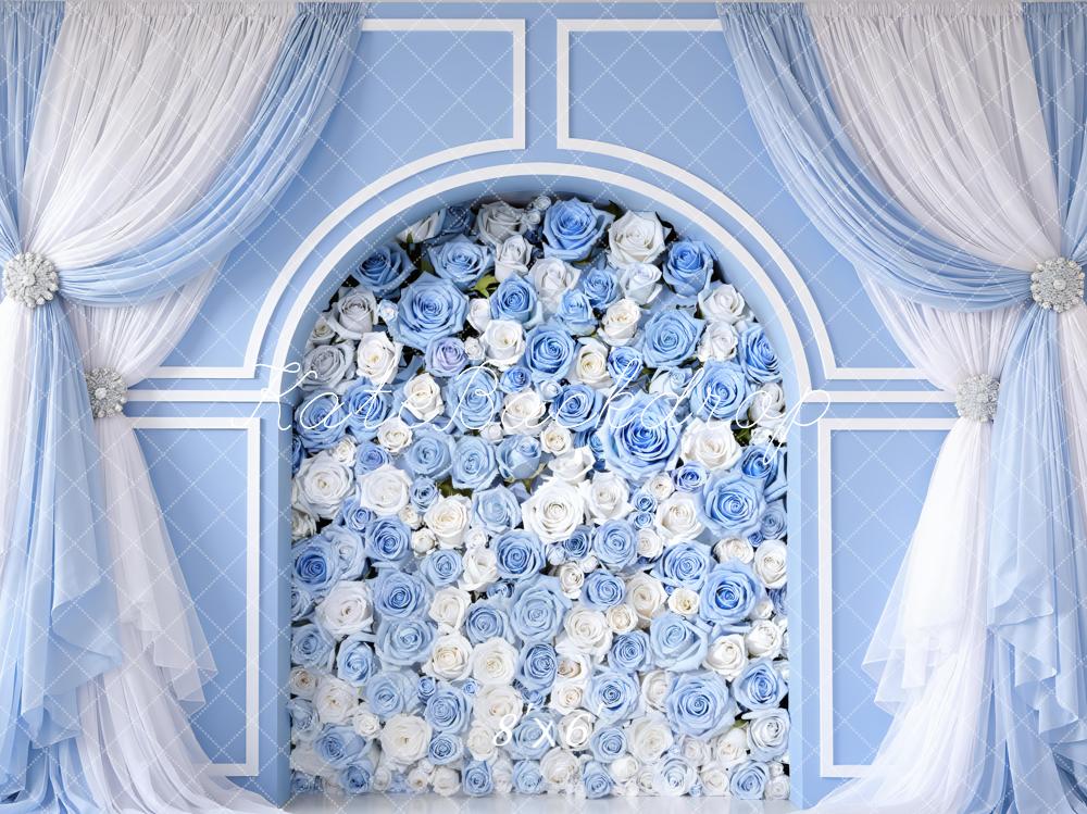 Kate Blue Flower Arch White Rose Curtain Printed Backdrop Designed by Mini MakeBelieve