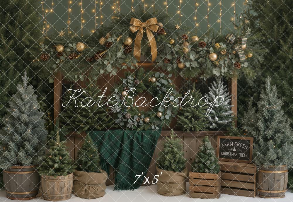 Kate Christmas Tree Farm Rustic Bow Lights Printed Backdrop Designed by Emetselch