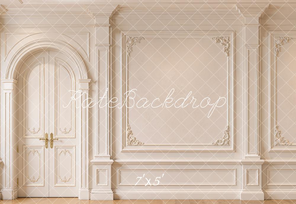 Kate Vintage Cream Elegant French Door and Paneling Wall Printed Backdrop Designed by Emetselch