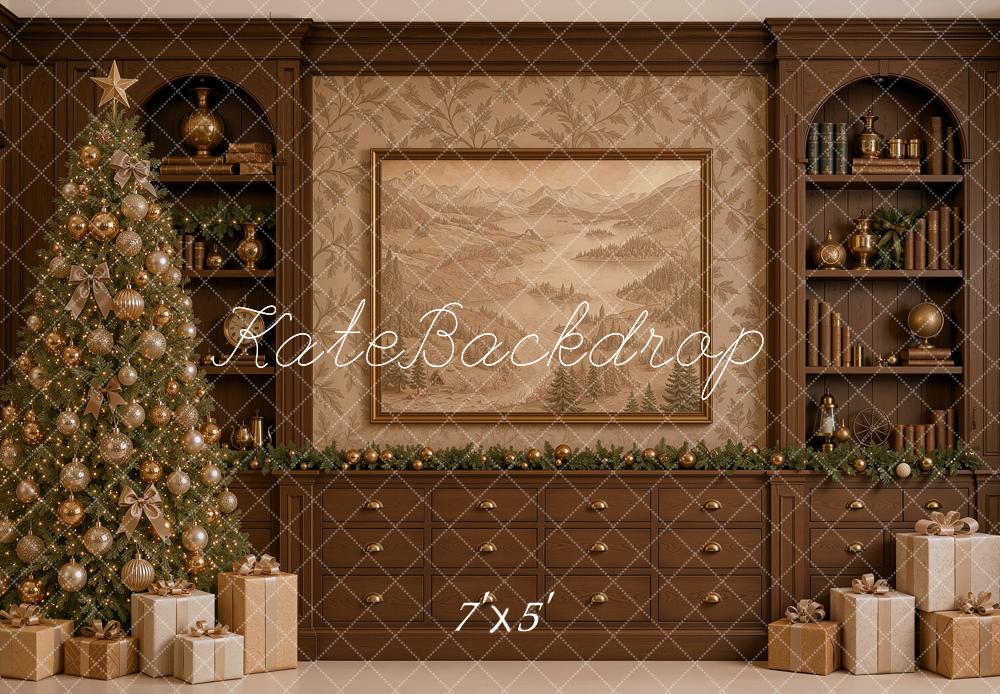 Kate Christmas Traditional Brown Library Cabinet Christmas Tree Printed Backdrop Designed by Shutter Swan Studios