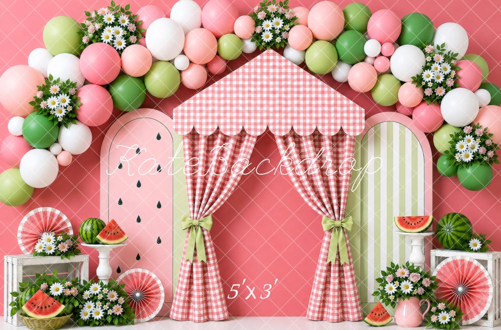 Kate Cake Smash Summer Watermelon Balloon Flowers Gingham Curtain Printed Backdrop Designed by Shutter Swan Studios