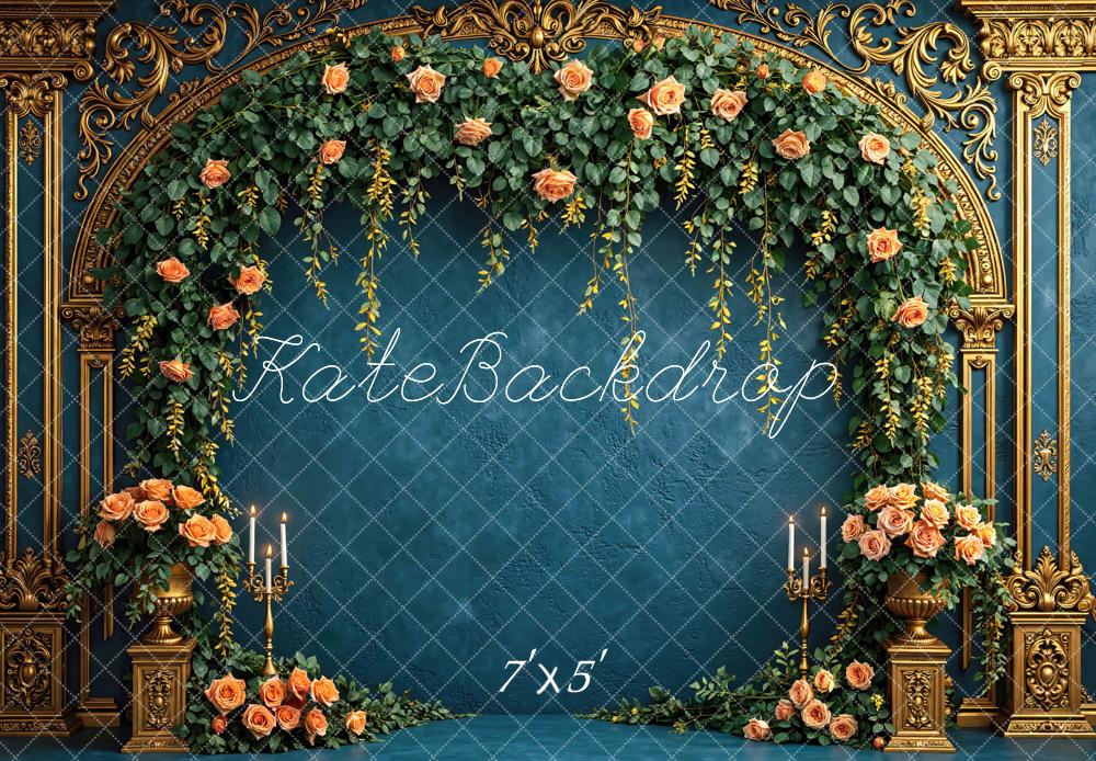 Kate Spring Flower Arch Gold Ornate Blue Floral Roses Printed Backdrop Designed by Mini MakeBelieve