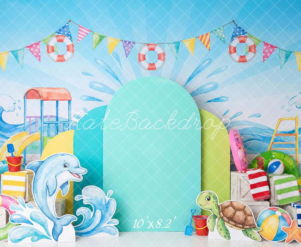 Kate Summer Pool Party Dolphin Turtle Waves Slide Printed Backdrop Designed by Patty Roberts