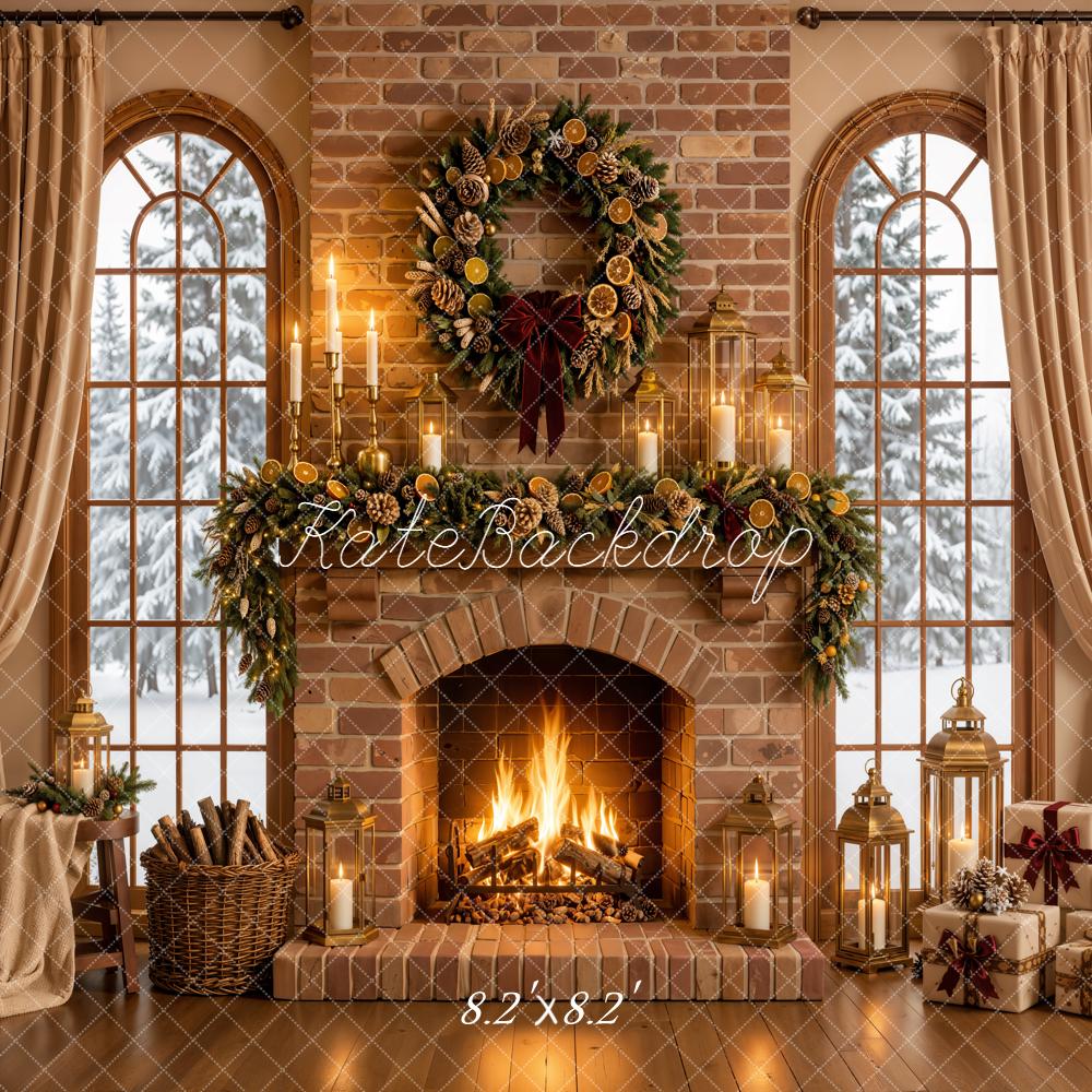 Kate Christmas Fireplace Garland Wreath Brick Wall Printed Backdrop Designed by Emetselch