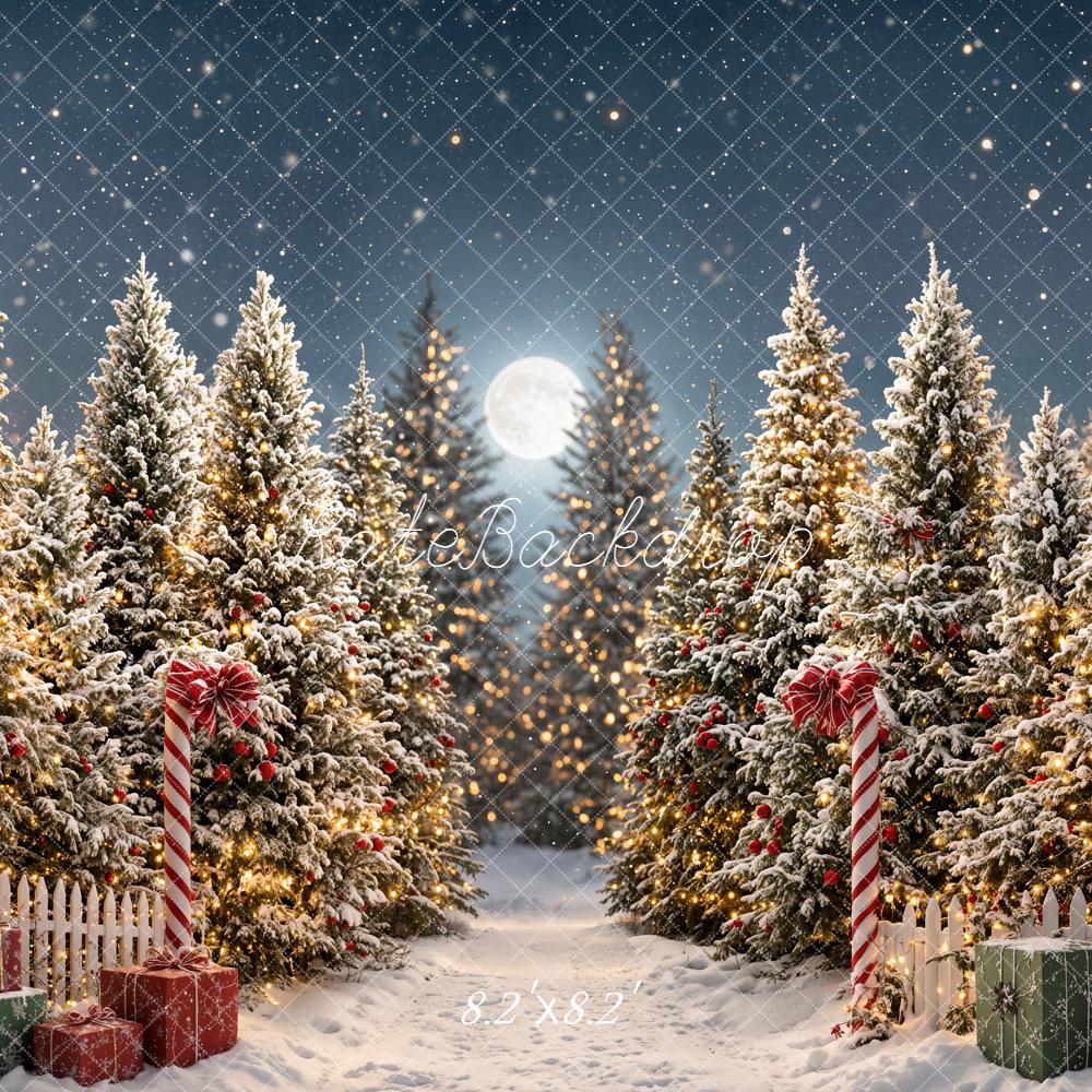 Kate Christmas Snowy Pine Trees Presents Moonlight Printed Backdrop Designed by Emetselch