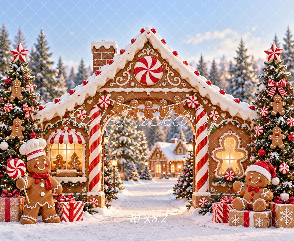 Kate Christmas Gingerbread House Candy Cane Arch Snowy Printed Backdrop Designed by Chain Photography