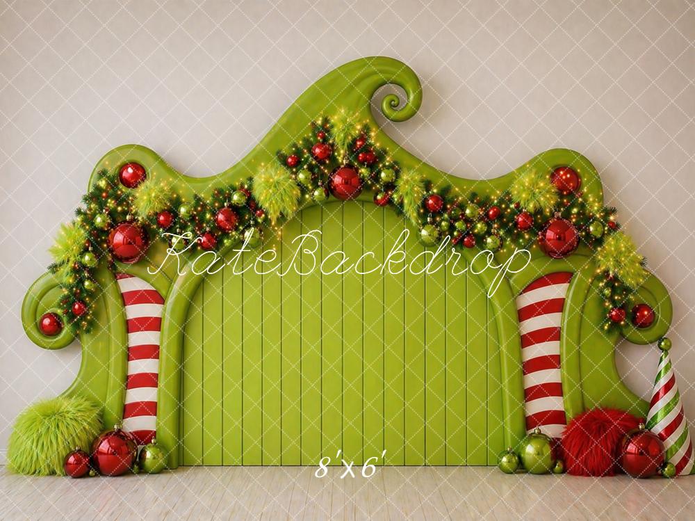 Kate Christmas Headboard Whimsical Green Candy Cane Ornament Garland Arch Printed Backdrop Designed by Caitlin Lynch