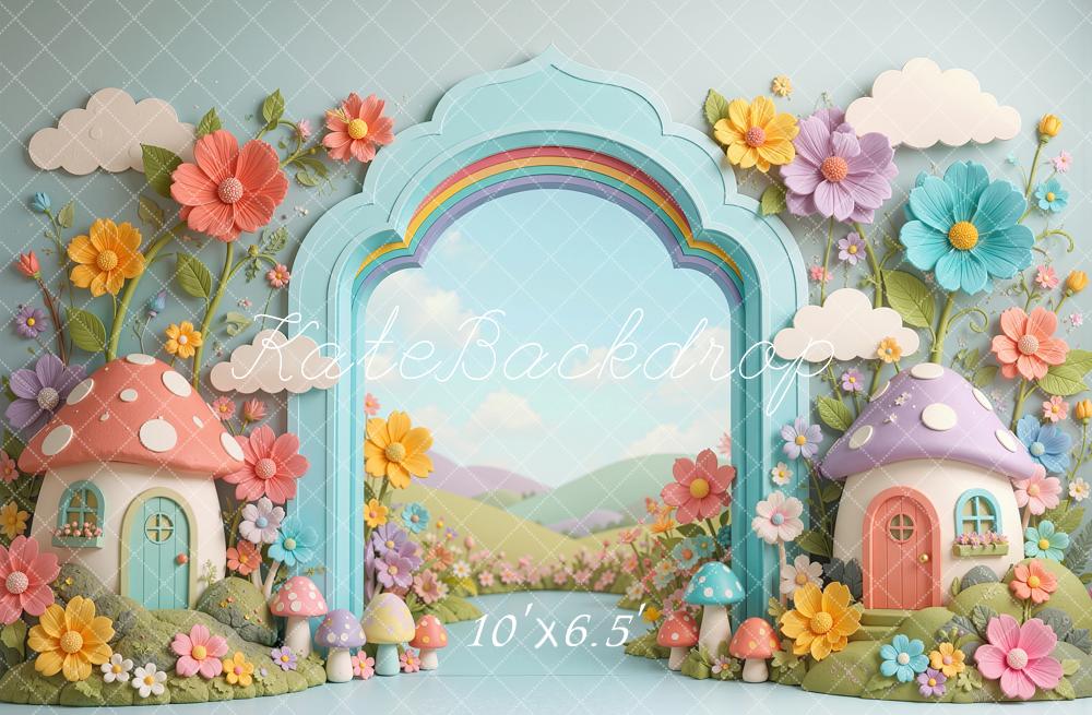 Kate Cake Smash Mushroom Houses Arch Flowers Rainbow Printed Backdrop Designed by Shutter Swan Studios