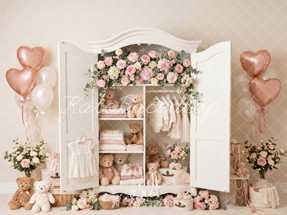 Kate Valentine's Day Teddy Bear Floral Wardrobe Pink Heart Balloon Printed Backdrop Designed by Patty Roberts