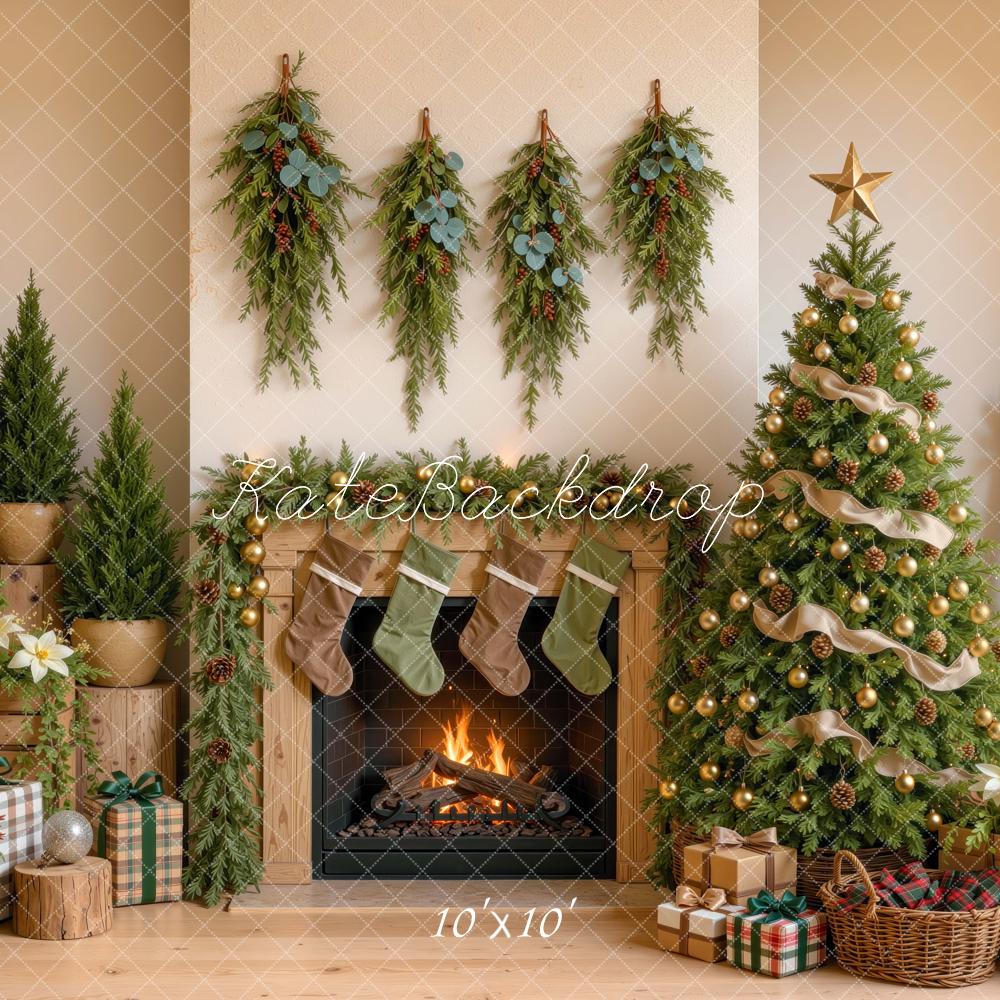 Kate Christmas Tree Rustic Fireplace Greenery Stockings Gifts Printed Backdrop Designed by Mini MakeBelieve