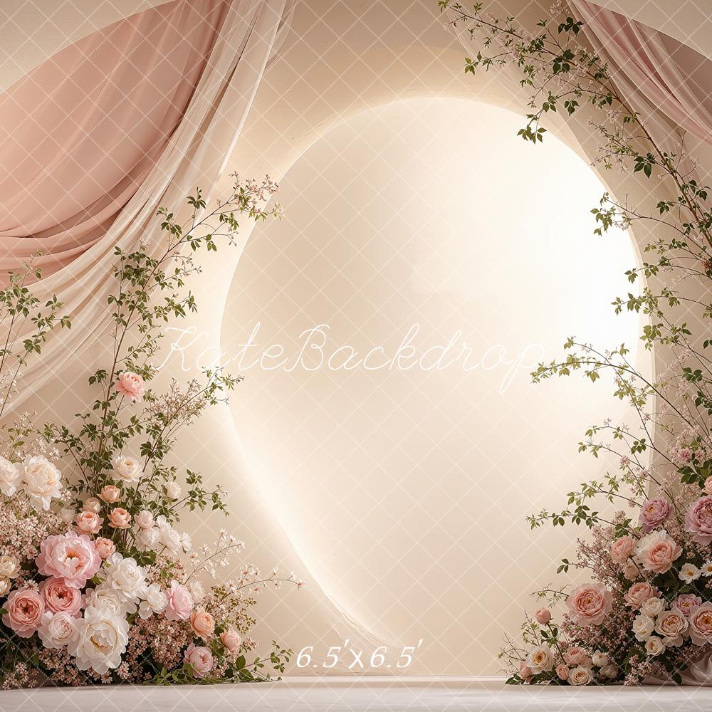 Kate Wedding Pink Flower Arch Draped Curtains Printed Backdrop Designed by Shutter Swan Studios