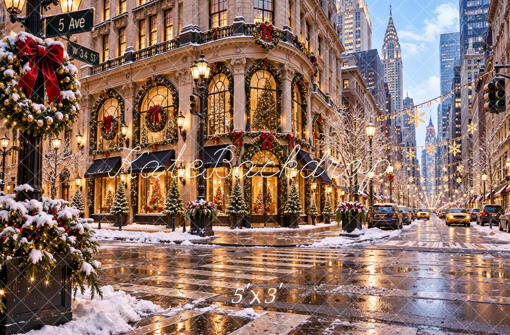 Kate Christmas New York City Street Snowy Cityscape Crosswalk Printed Backdrop Designed by Jordan Moon