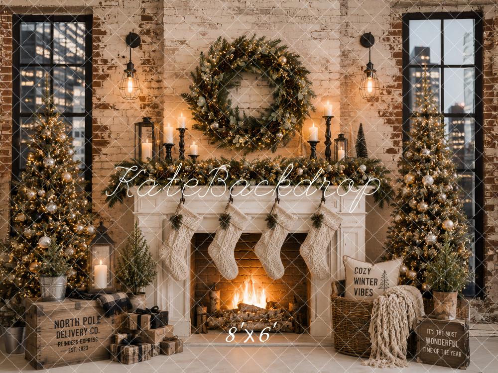Kate Christmas Urban Fireplace Wreath Stockings Printed Backdrop Designed by Ashley Paul