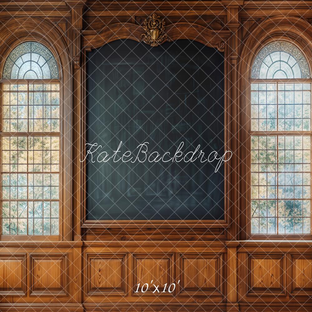 Pizarra de Madera para Regreso a Clases con Ventanas Arqueadas Fondo Diseñado por Emetselch