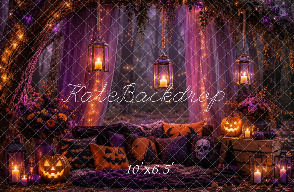 Kate Halloween Night Branch Arch Purple Drapes Pillows Lanterns Pumpkin Printed Backdrop Designed by Emetselch