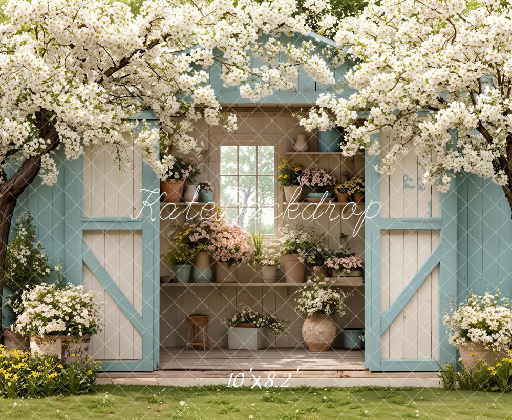 Kate Spring Blue Garden Shed Flower Arch Blossoming Trees Backdrop Designed by Emetselch