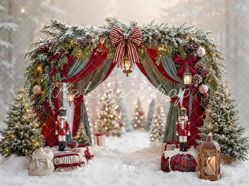 Kate Christmas Arch Bow Drapes Nutcracker Lanterns Trees Snow Printed Backdrop Designed by Emetselch