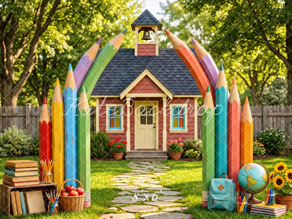 Kate Back To School Colored Pencils Schoolhouse Printed Backdrop Designed by Patty Roberts