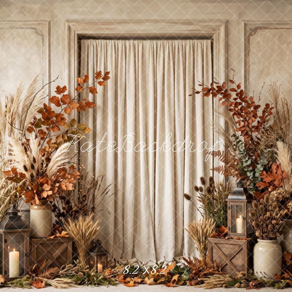 Kate Fall Floral Cozy Draped Curtain Vintage Beige Printed Backdrop Designed by Patty Roberts