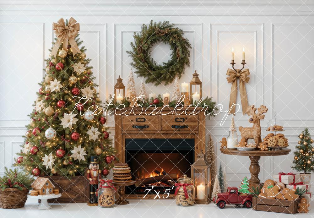 Kate Christmas Tree Wood Fireplace Wreath Gingerbread Cookies Printed Backdrop Designed by Mini MakeBelieve