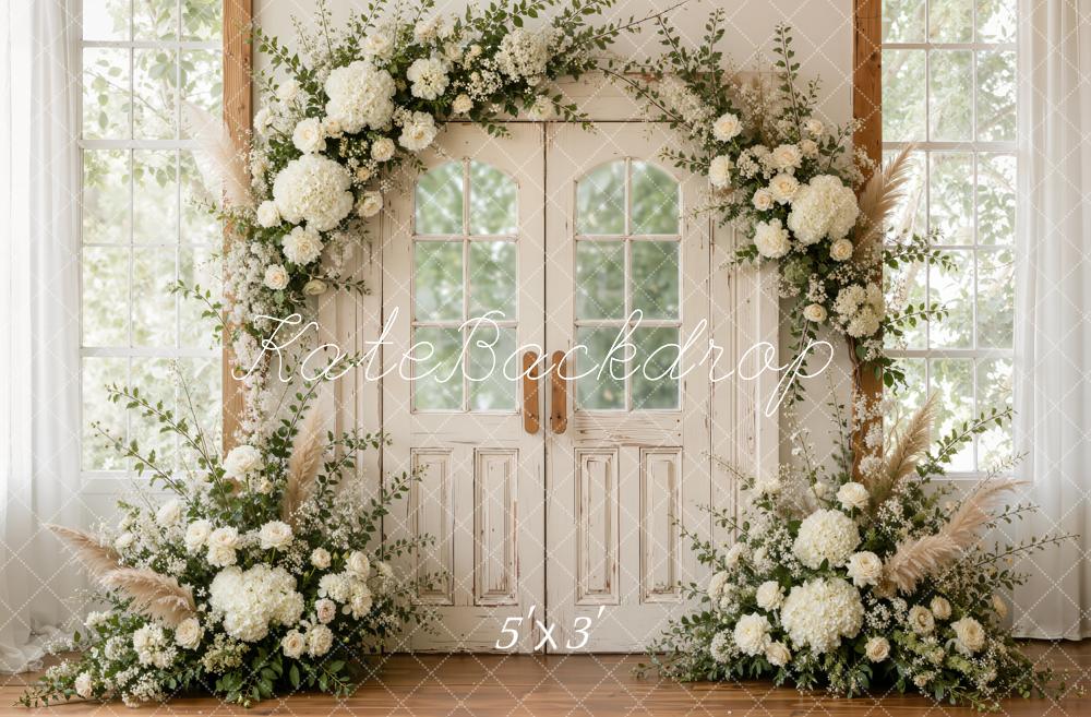 Kate Spring White Flower Arch Double Glass-paneled Doors Printed Backdrop Designed by Emetselch