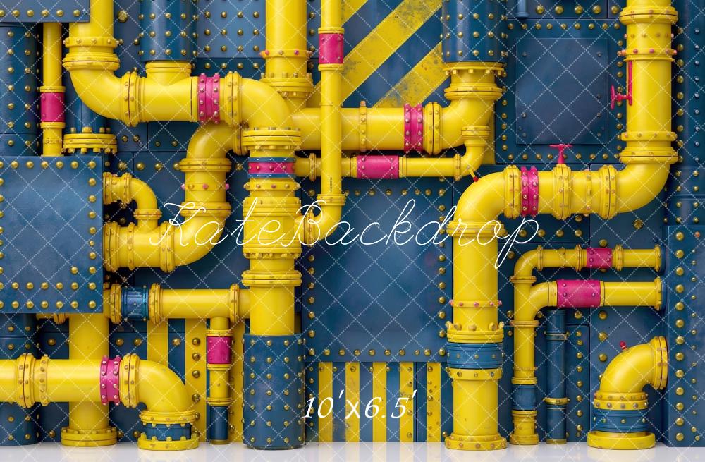Kate Cartoon Movie Industrial Yellow Pipes Blue Riveted Wall Printed Backdrop Designed by Angela Miller