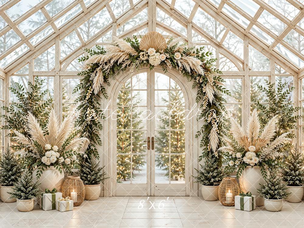 Kate Christmas Greenhouse Boho Floral Arch Evergreen Trees Printed Backdrop Designed by Emetselch
