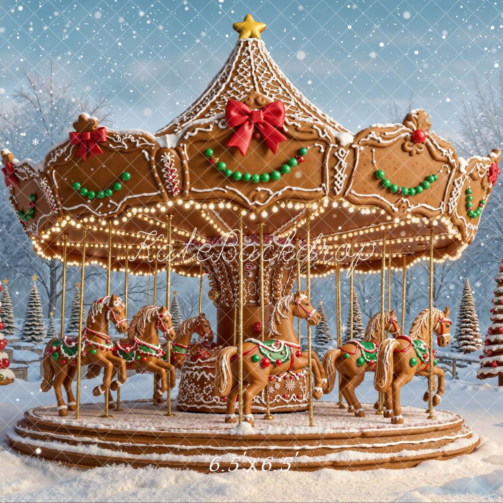 Kate Christmas Carousel Gingerbread Horses Snowy Trees Backdrop Designed by Emetselch