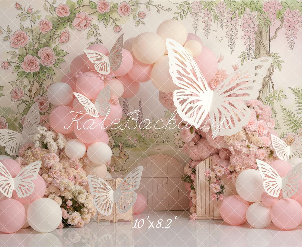 Kate Cake Smash Flower Arch Pink Balloons Roses Butterflies Printed Backdrop Designed by Emetselch