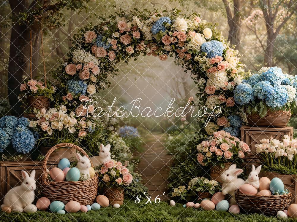 Kate Easter Bunny Flower Arch Pastel Eggs Forest Printed Backdrop Designed by Emetselch