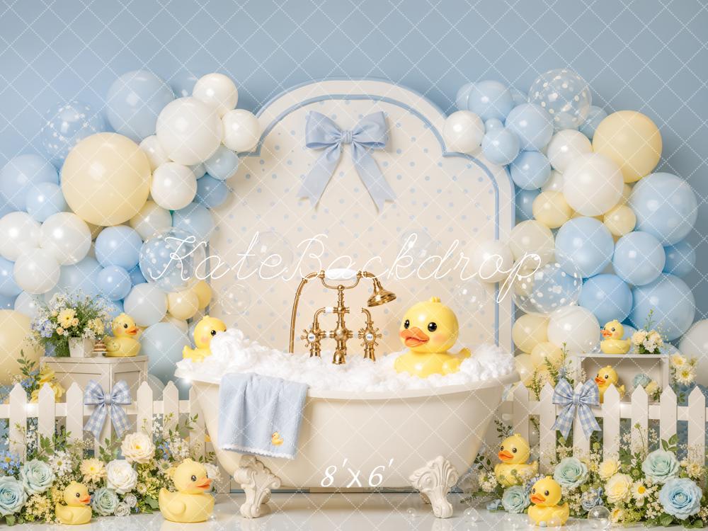 Kate Baby Shower Spring Floral Blue Balloon Bathtub Rubber Duck Printed Backdrop Designed by Emetselch