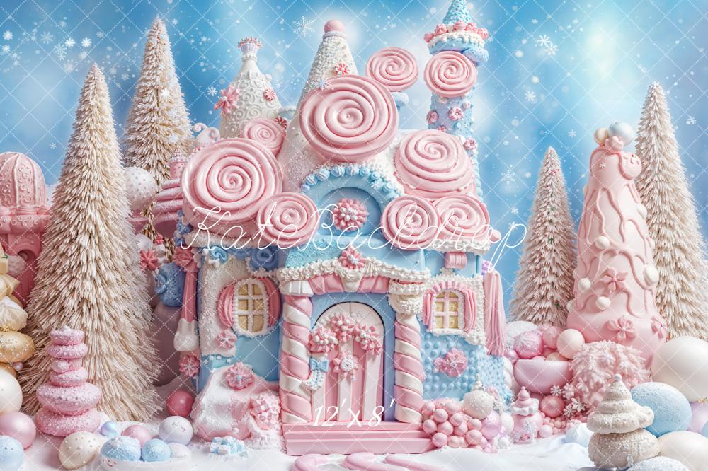 Kate Christmas Whimsical Candy Castle Pastel Snowy Trees Backdrop Designed by Emetselch