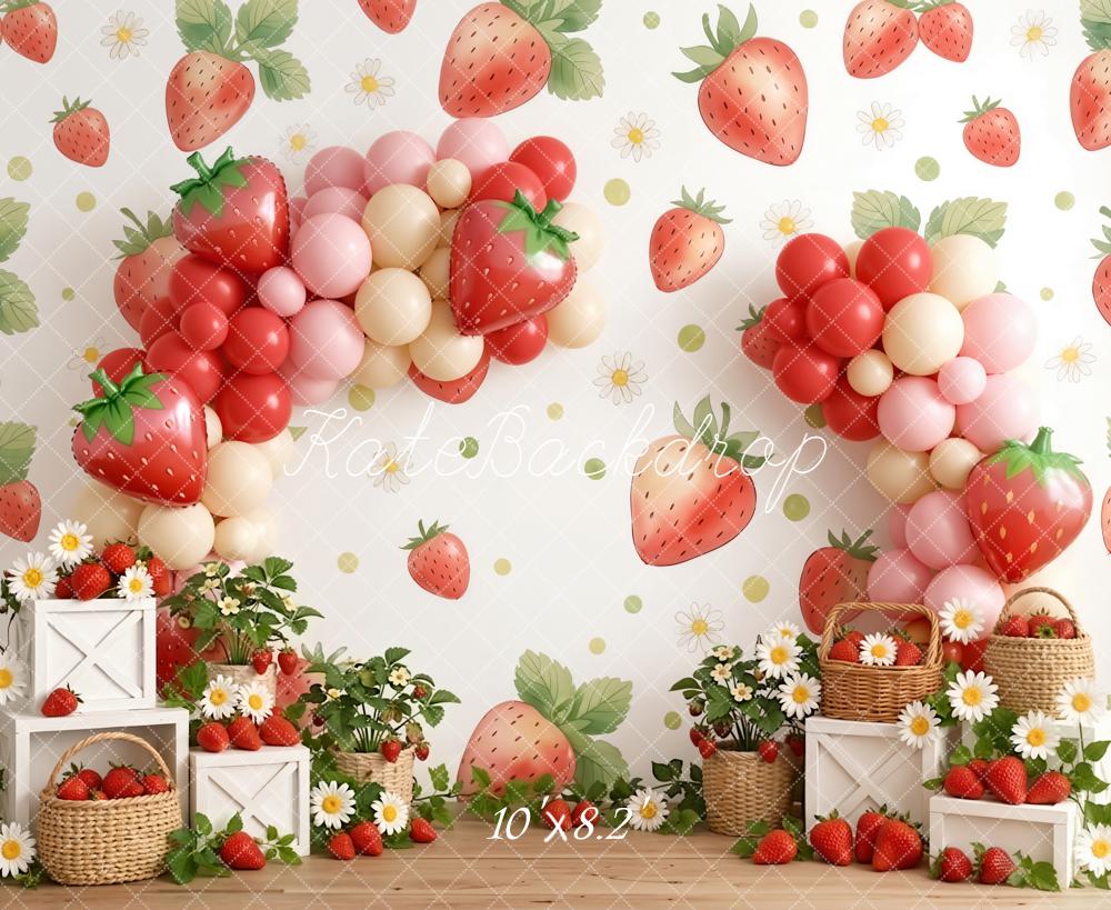 Kate Summer Strawberry Balloon Arch Daisy Basket Printed Backdrop Designed by Emetselch