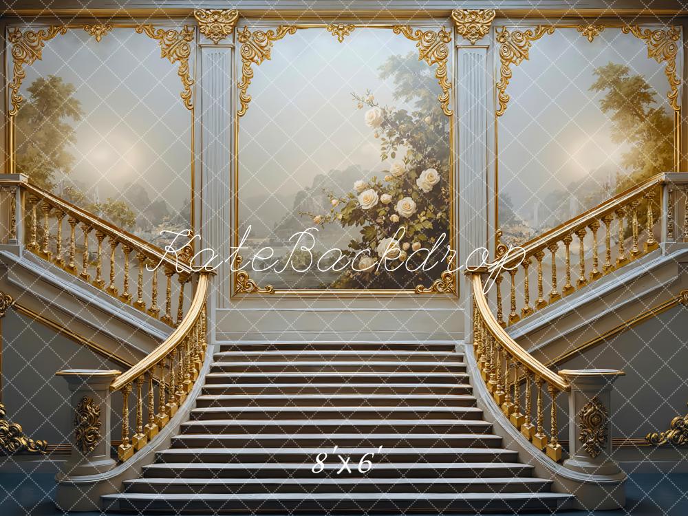 Kate Architecture Cascading Stairs Gold Ornate Floral Wall Backdrop Designed by Mini MakeBelieve